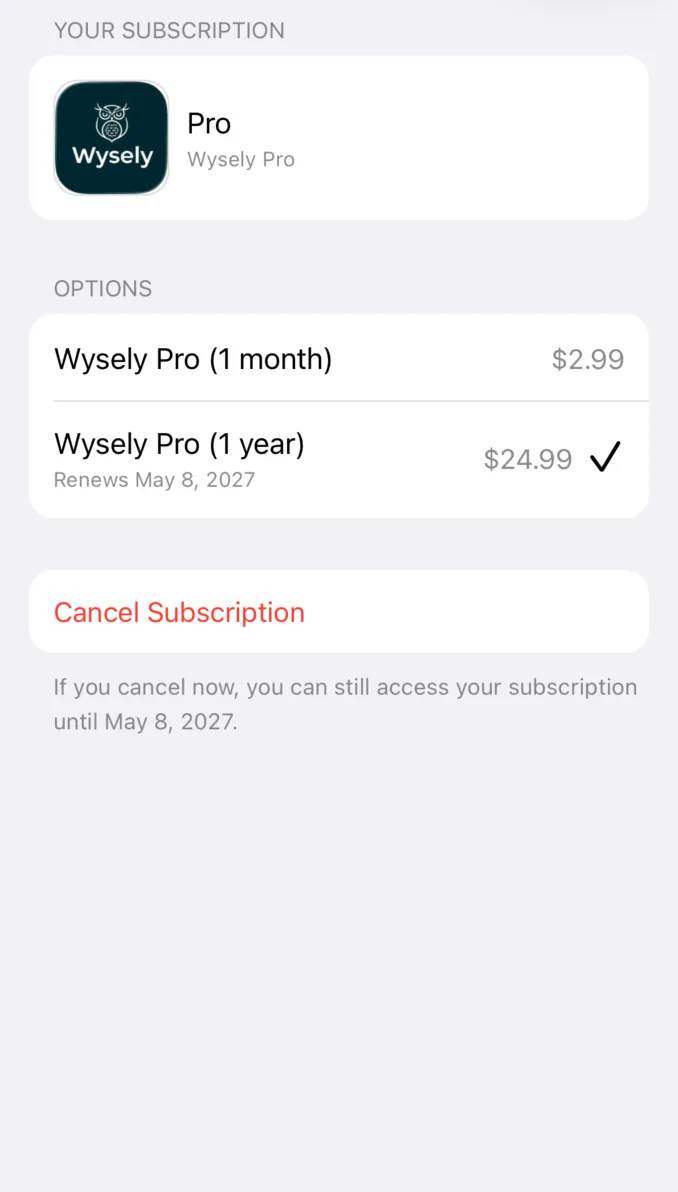 Wysely Pro subscription options showing monthly and annual plans