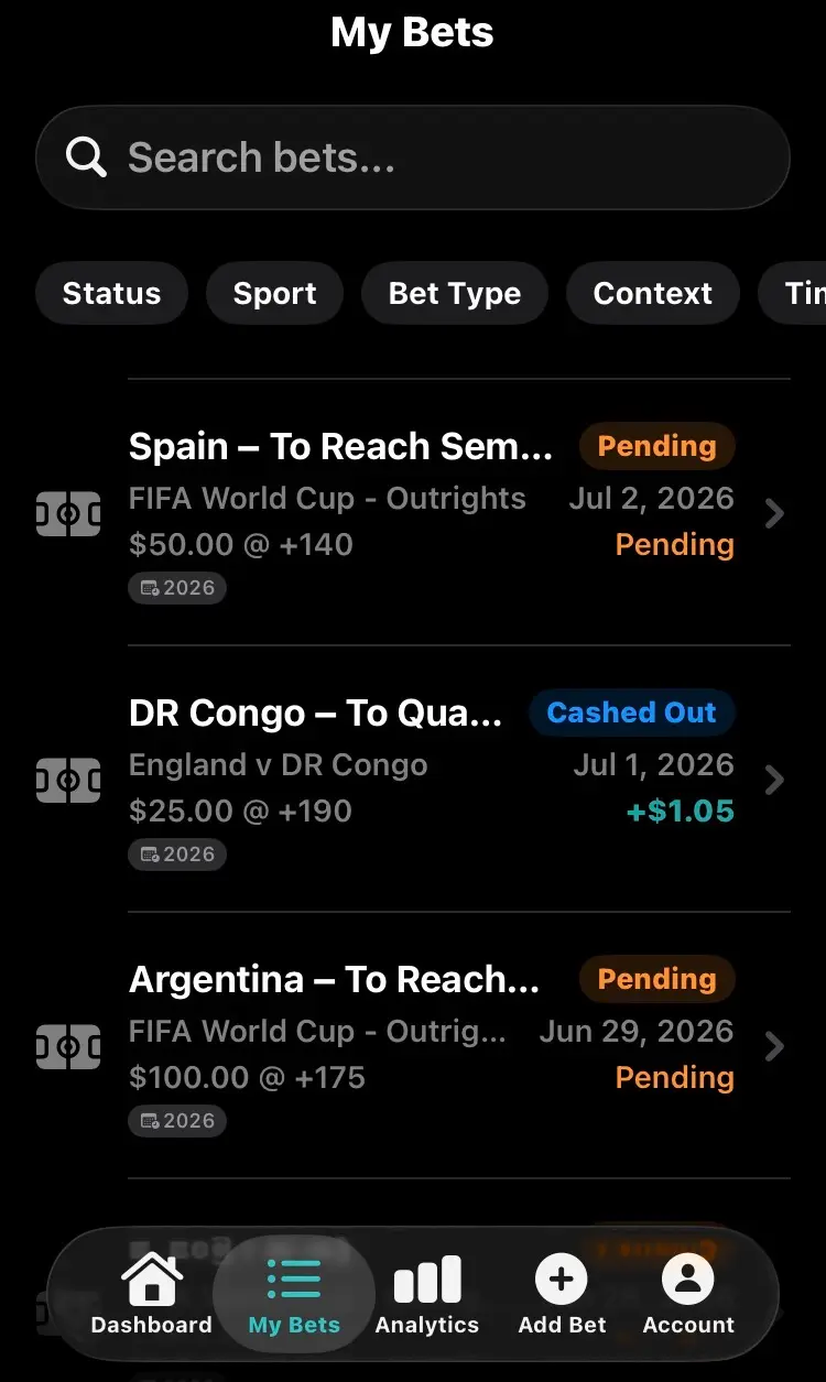 Wysely My Bets view showing synced bets with status, odds, sport, and profit/loss